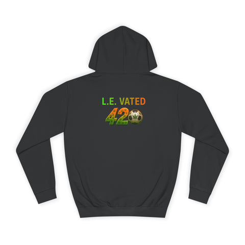College Hoodie — "L.E. VATED 420" Graphic Hooded Sweatshirt