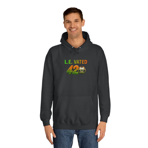 College Hoodie — "L.E. VATED 420" Graphic Hooded Sweatshirt