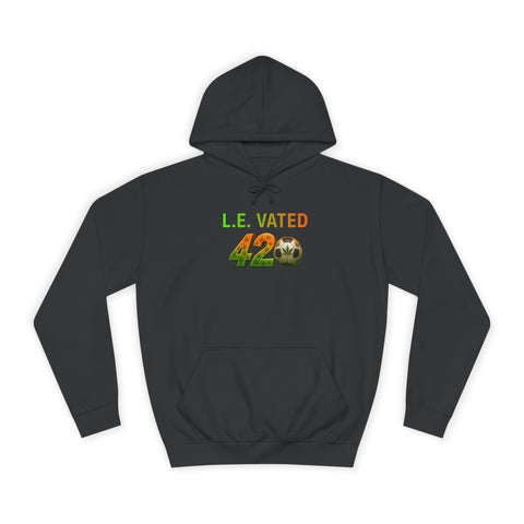 College Hoodie — "L.E. VATED 420" Graphic Hooded Sweatshirt